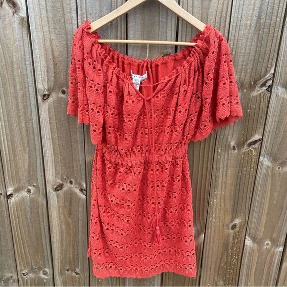 NEW Max Studio Lace Crochet Bohemian A-line orangish Red Mini Dress - Picture 3 of 9